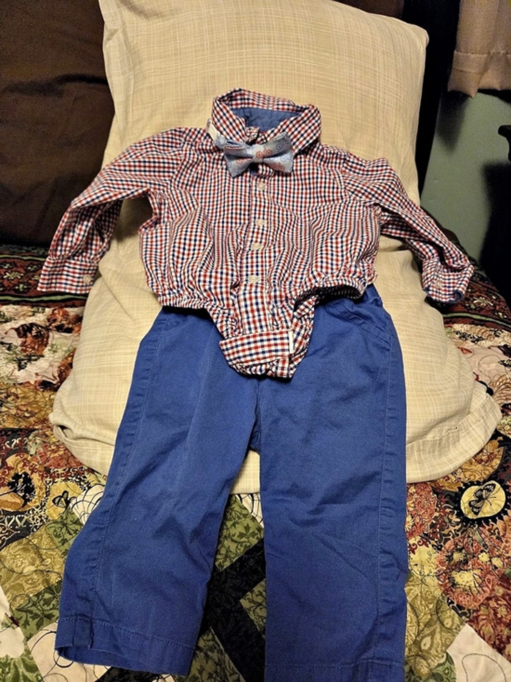 G-UTE Boys Matching Set Checkered Shirt & Pants & Bicycle Bowtie Size 6-12M